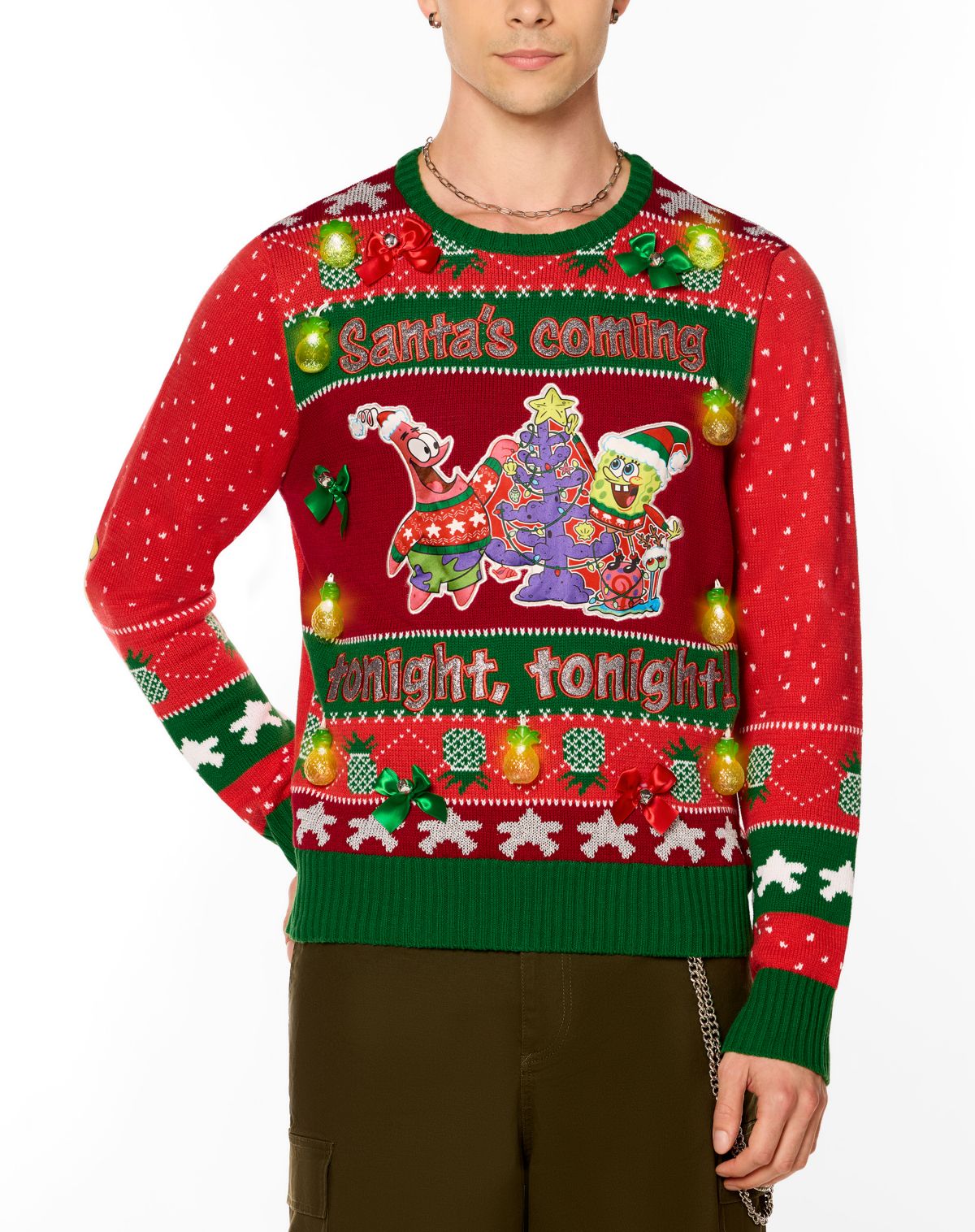 Light-Up SpongeBob SquarePants Santau0027s Coming Tonight Christmas Sweate