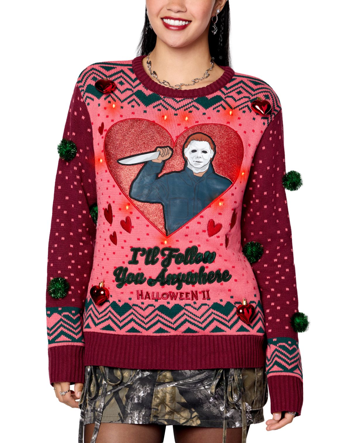 Light-Up Michael Myers Iu0027ll Follow You Christmas Sweater - Halloween I