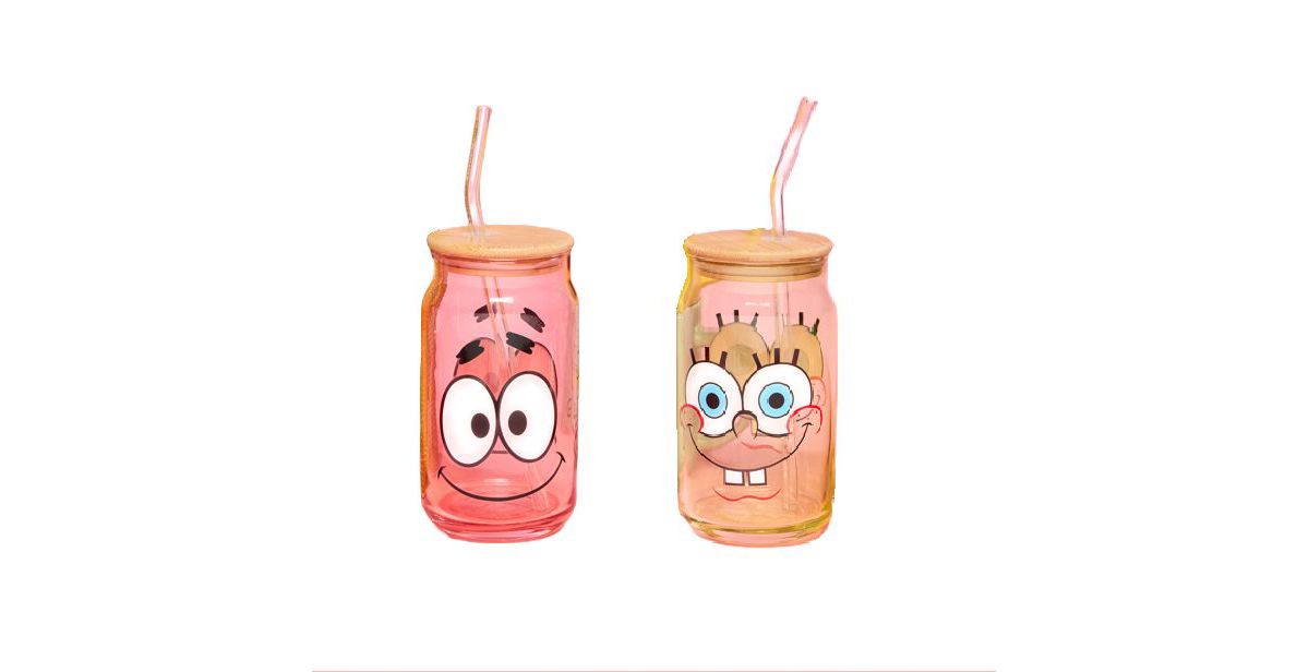 SpongeBob and Patrick Glass Cup with Straw Set 16 oz. - 2 Pack
